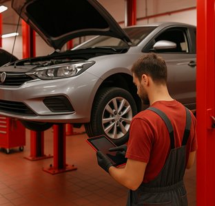 Şimşek34 İstanbul oto servis – kırmızı lift üzerinde araç bakımı, elektronik arıza tespiti ve beyin tamiri.